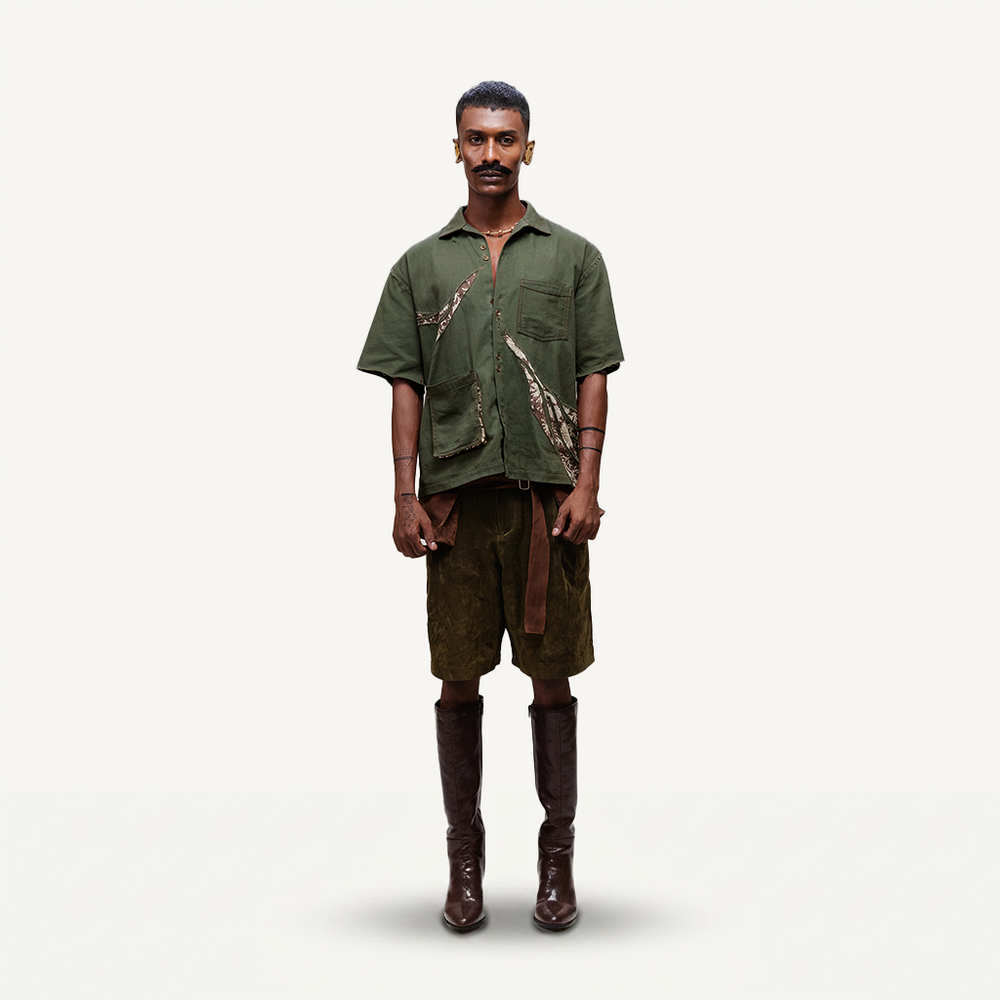 Singha Shirt in earthy olive, full look